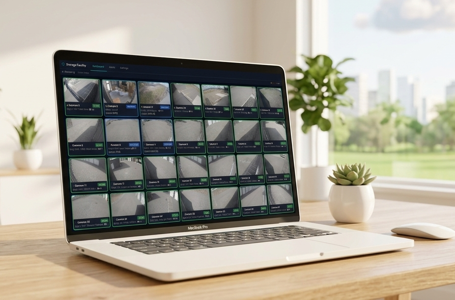 SecuritySight dashboard monitoring 32 cameras on a MacBook Pro, showing live detection badges with confidence percentages