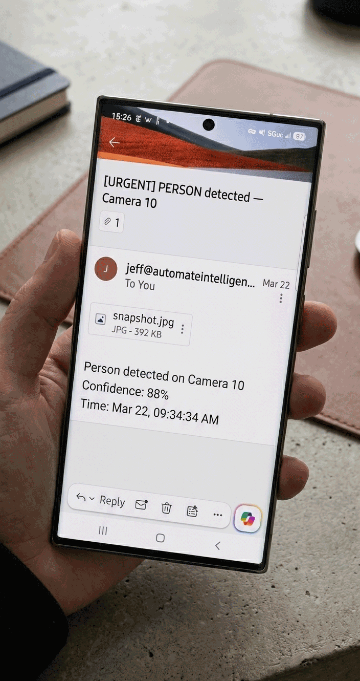 Phone showing an urgent email alert from SecuritySight: person detected on Camera 10 with 88% confidence, timestamp, and snapshot attachment
